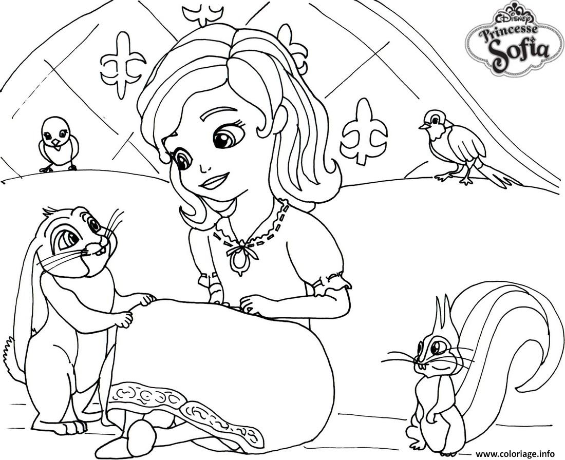 Dessin princesse sofia  sur son lit avec un lapin Coloriage Gratuit à Imprimer